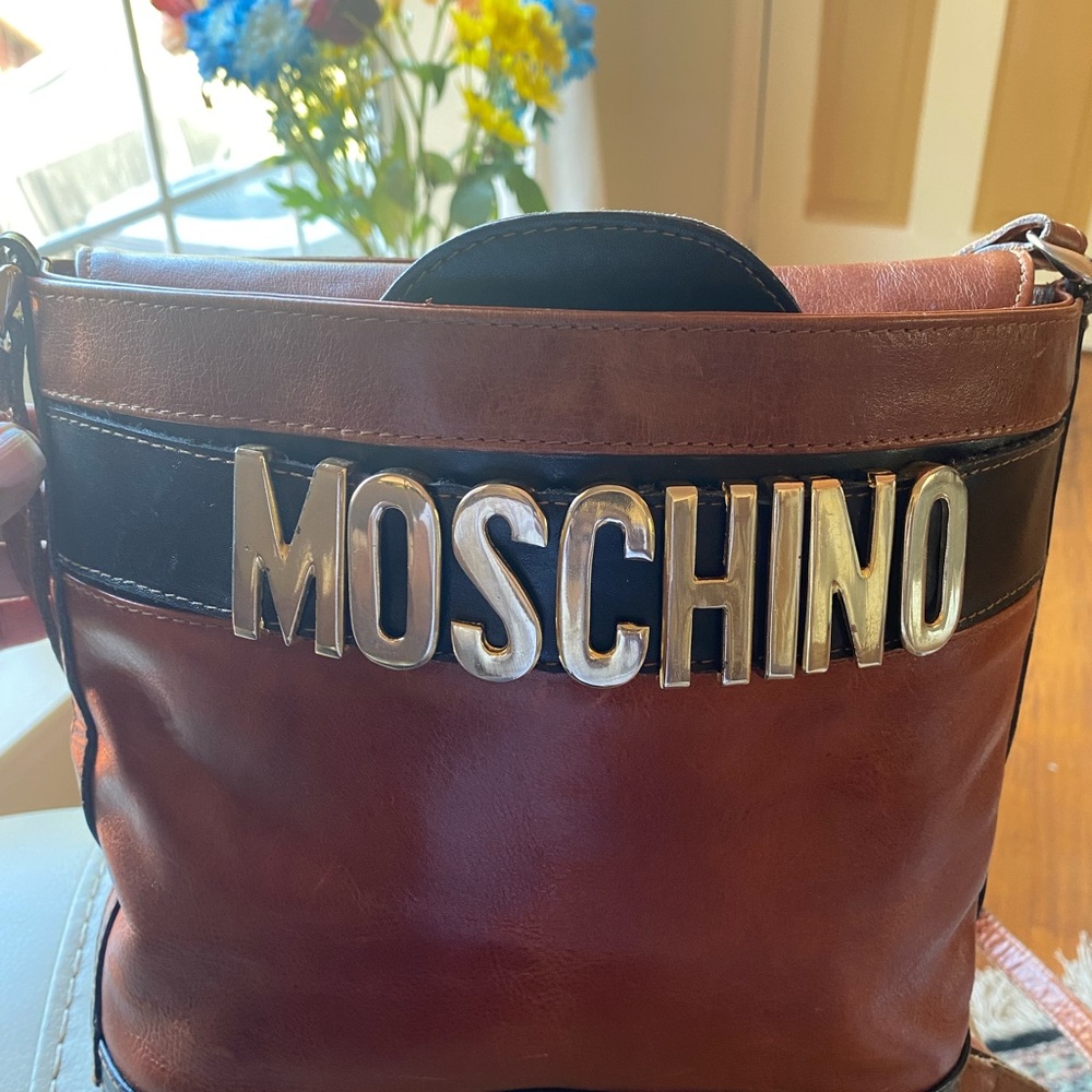Moschino Brown and Black Leather Messenger Bag